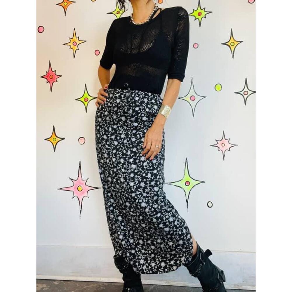 Vintage 90s Black Floral Fairy Grunge Maxi Skirt โ Whimsy Goth Boho Vibes โ Sz 4 - Picture 3 of 10
